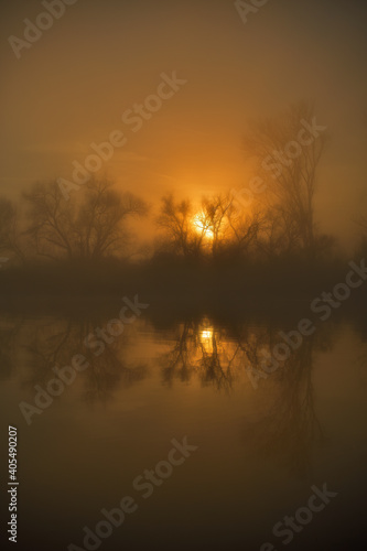 Ein mystischer Sonnenaufgang in einer gespiegelten Auenlandschaft © Fotolla
