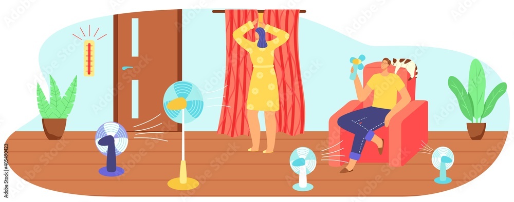 Hot summer weather, heat, high temperature vector illustration. Couple suffering summer heat and fanning with fan, closing curtains from sun, overheating. Hot summer day at home.