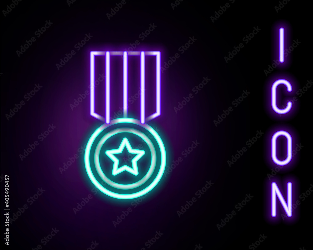 Glowing neon line Medal icon isolated on black background. Winner achievement sign. Award medal. Colorful outline concept. Vector. Glowing neon line Medal icon isolated on black background. Winner achievement sign. Award medal. Colorful outline concept. Vector.