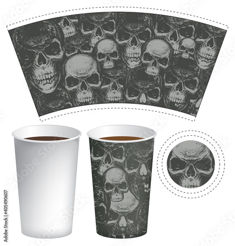 Vector template of a paper cup for hot drinks. Disposable cup for tea and coffee with abstract gloomy background of hand-drawn sinister human skulls