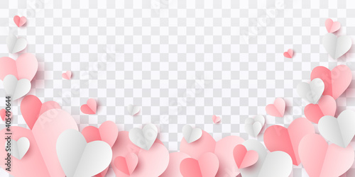 Valentines hearts postcard. Paper flying elements on transparent background. Vector symbols of love in shape of heart for Happy Women's, Mother's, Valentine's Day, birthday greeting card design. PNG