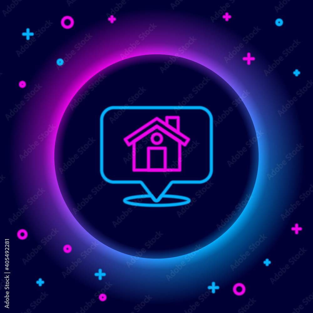 Glowing neon line Map pointer with house icon isolated on black background. Home location marker symbol. Colorful outline concept. Vector. Glowing neon line Map pointer with house icon isolated on black background. Home location marker symbol. Colorful outline concept. Vector.