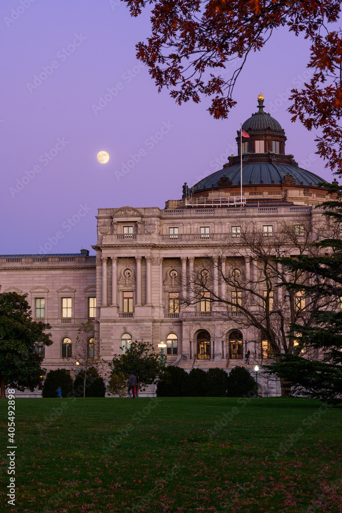 Full Moon Rises Over the Library of Congress on a Late Autumn evening