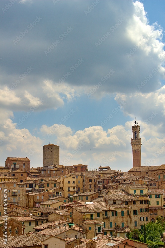 View of the city skyline of Siena in the background are typical stone houses and towers. It is popular summer travel destination, Europe, Italian