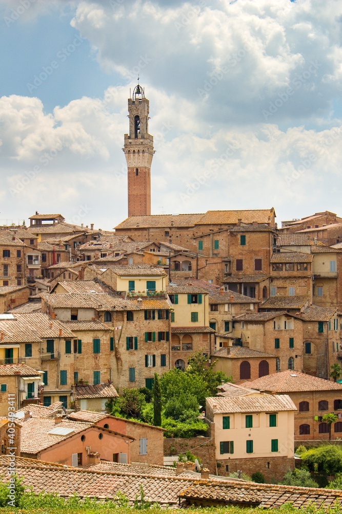 View of the city skyline of Siena in the background are typical stone houses and towers. It is popular summer travel destination, Europe, Italian