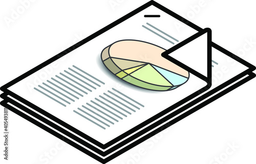 A stapled document / report with a pie chart and mock text.
