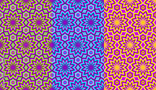 Set of colorful wrapping paper with stars. Motion illusion. Seamless pattern.