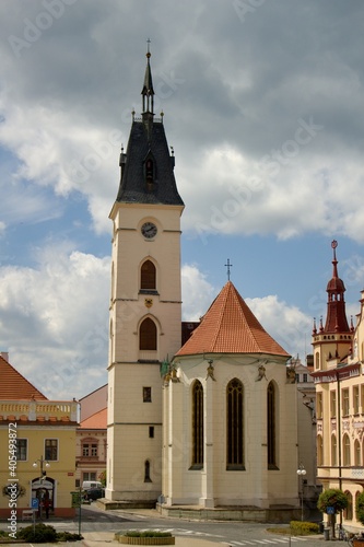 Typical town square of Vodnany in the summer with church of the Nativity of the Virgin Mary (Narození Panny Marie), South Bohemia, Czech republic, Europe 