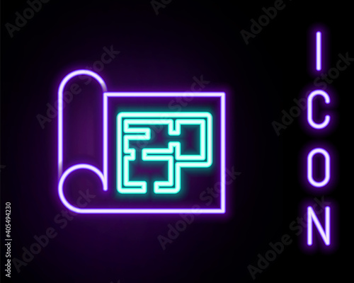 Glowing neon line House plan icon isolated on black background. Colorful outline concept. Vector.