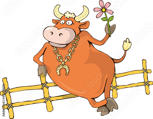 A cool, fashionable bull stands on its hind legs and holds a flower in its hands. Chinese new year 2021 symbol in cartoon style isolated on white background. Flat infographics. Vector illustration.