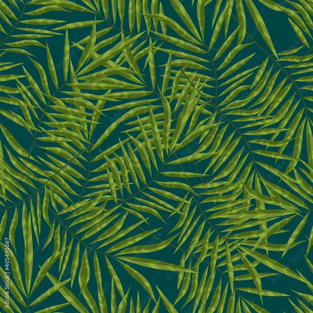 Leaf of a palm tree growing in a green tropical forest. Seamless background with pattern.