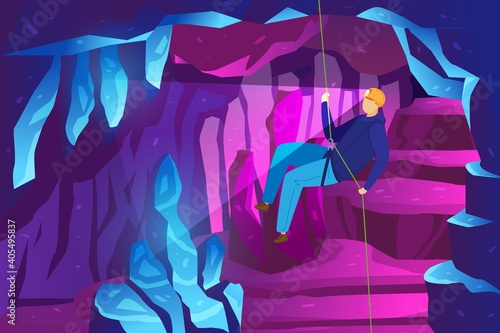 Climber adventure in mountains, study ice caves, extreme sport speleology spelunker vector illustration. Climbing rocks in mountains, caving travel. Discovery, exploration. Climber on rope.