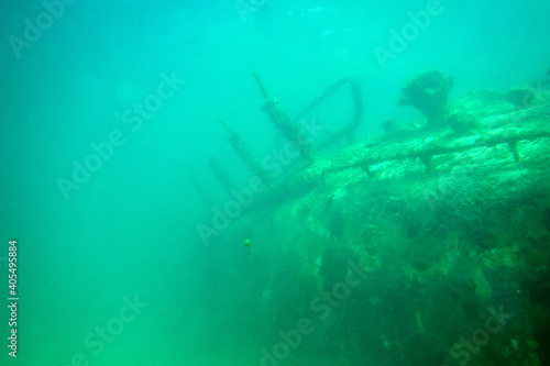 Close up of a wrecked ship beneath deep water © Yakov
