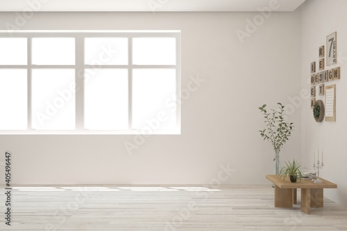 White empty room with home plant and wooden table. Scandinavian interior design. 3D illustration
