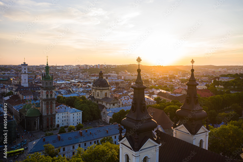 Obraz premium Aerial view on Carmelite Church ( Michael the Archangel church) in Lviv, Ukraine from drone