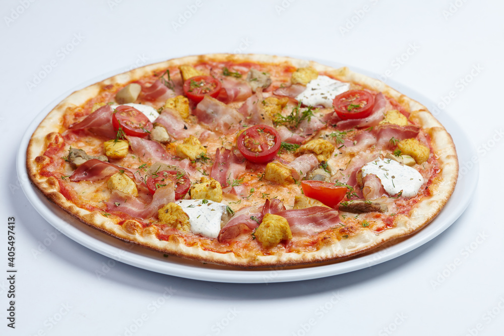 tasty pizza with cherry tomatoes