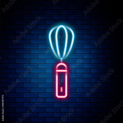 Glowing neon line Kitchen whisk icon isolated on brick wall background. Cooking utensil, egg beater. Cutlery sign. Food mix symbol. Colorful outline concept. Vector.