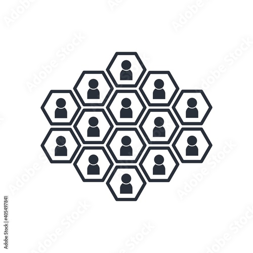 Hexagons and human silhouettes. Agile development concept, people and interaction. Vector icon isolated on white background.
