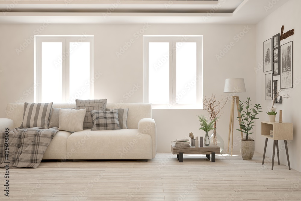 White living room with sofa. Scandinavian interior design. 3D illustration White living room with sofa. Scandinavian interior design. 3D illustration
