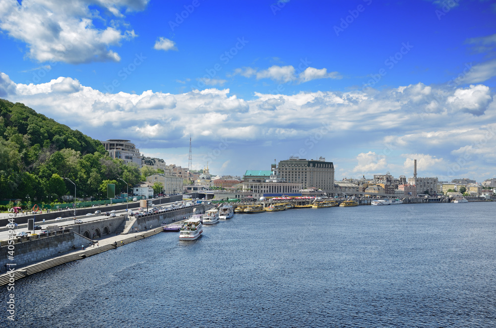 The bank of the Dnipro river embankment of Kyiv Ukraine Podil district