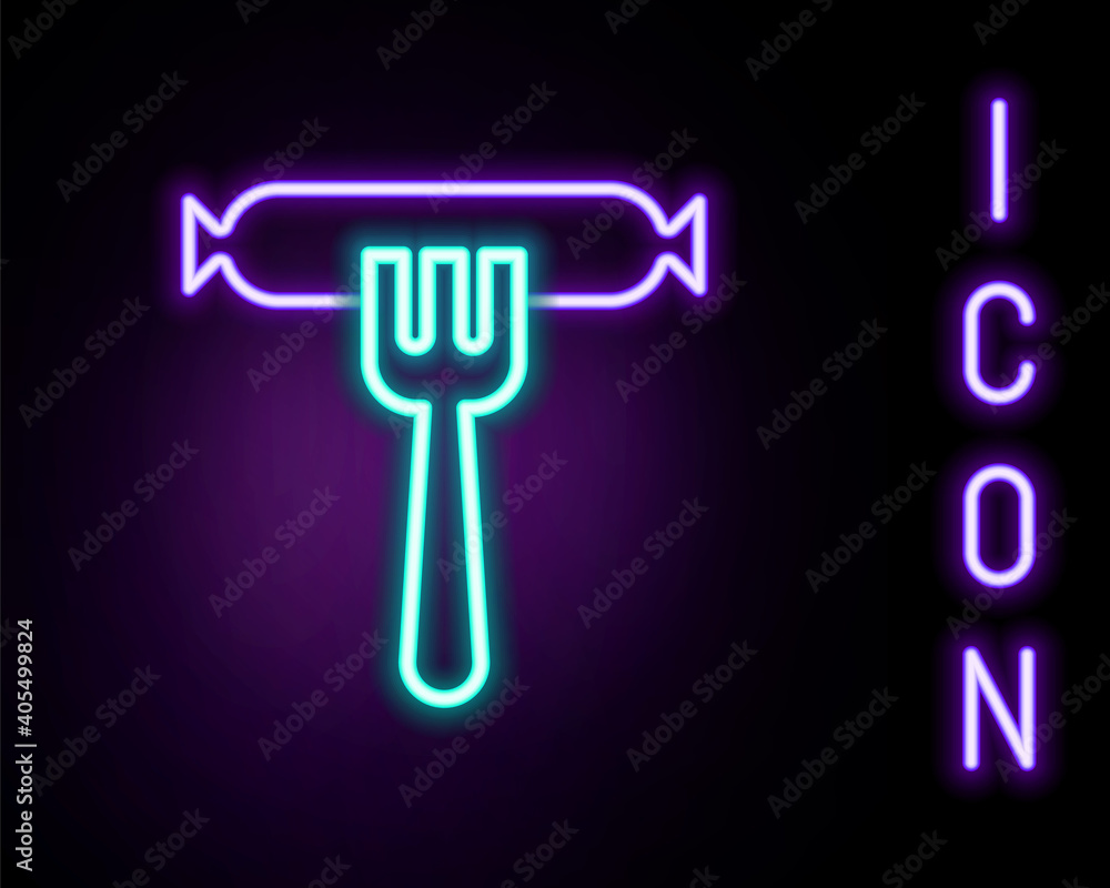 Glowing neon line Sausage on the fork icon isolated on black background. Grilled sausage and aroma sign. Colorful outline concept. Vector. Glowing neon line Sausage on the fork icon isolated on black background. Grilled sausage and aroma sign. Colorful outline concept. Vector.