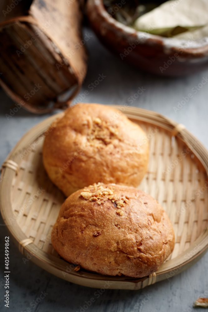 Homemade bread sourdough, rustic baked bread in wickerwork basket Homemade bread sourdough, rustic baked bread in wickerwork basket