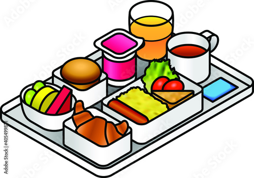Airline meal - breakfast - on a tray with juice, tea, brioche, fruit, yogurt, croissant, scrambled eggs, sausage, hash brown and salad..