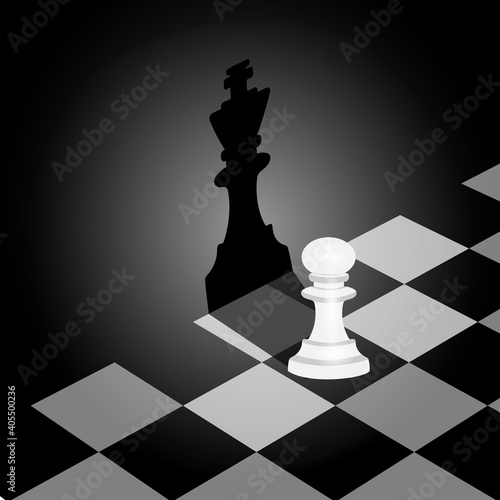 The image of a pawn casting the king's shadow on the wall. The concept of striving for a goal, career growth, power, strength, leadership. Vector flat illustration