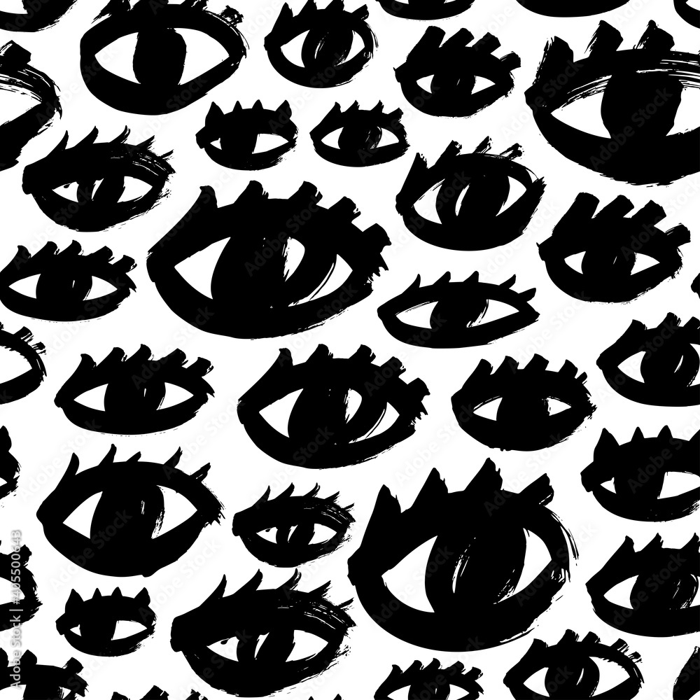 Seamless pattern with black eyes and eyelashes. Repeating hand drawn grunge print of open eyes. Vector ink illustration, monochrome graphic design. Simple style, funny isolated doodles illustration Seamless pattern with black eyes and eyelashes. Repeating hand drawn grunge print of open eyes. Vector ink illustration, monochrome graphic design. Simple style, funny isolated doodles illustration