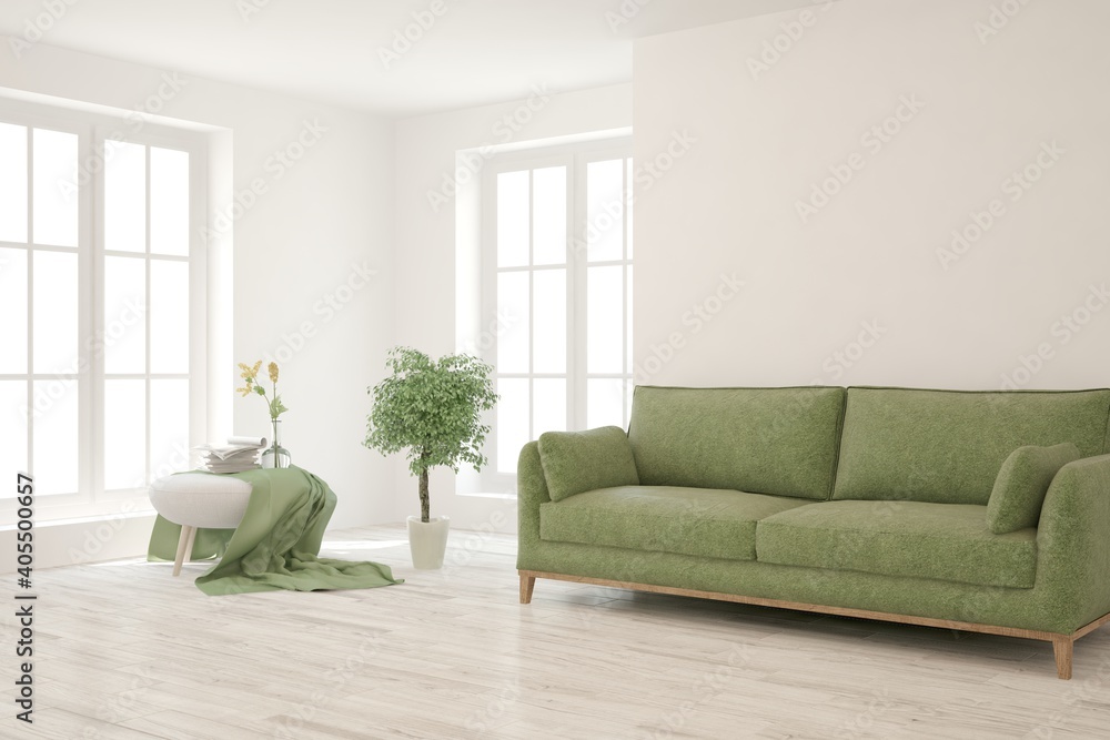 Fototapeta premium White living room with sofa. Scandinavian interior design. 3D illustration