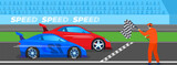 Race sport competition vector illustration. Speeding cars, fast motor racing bolid at finish line. Speed auto winner. Automobile rally. Man with flag at race formula competition.