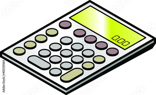 A plain business calculator with pastel colored raised buttons.
