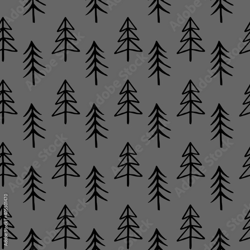 funny spruce trees seamless pattern in scandinavian style . Doodle tree hand drawn