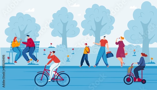 Spring park in city vector illustration. People relaxing in nature outdoor in beautiful urban park, city landscape. Happy young couple on bench, bicyclists cicling among trees. Leisure and fun.