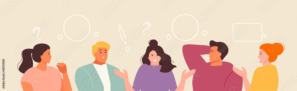 Fototapeta premium Communicating people, discussing news, social media and chat. Vector illustration