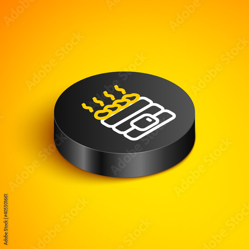 Isometric line Hot sauna stones icon isolated on yellow background. Spa resort recreation, bathhouse relaxation. Hot stones on electric heater. Black circle button. Vector.