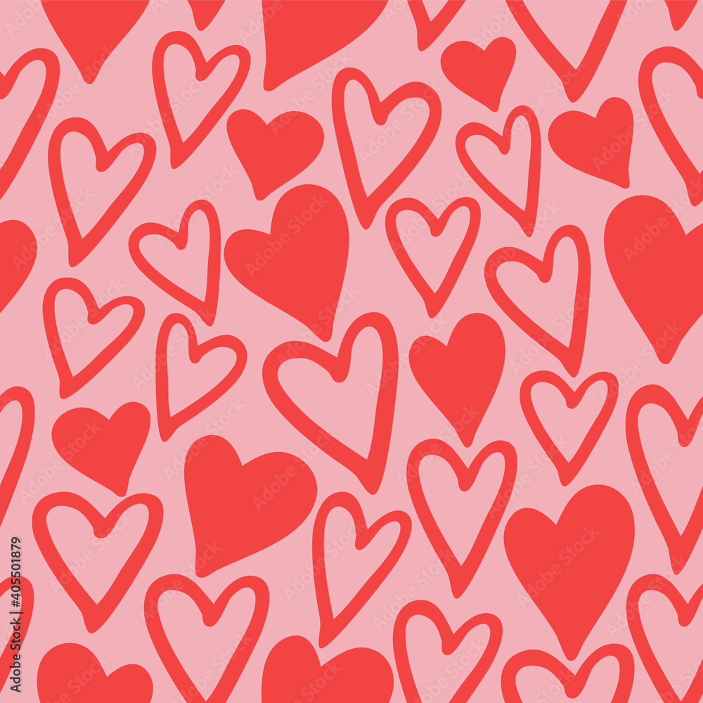 red hearts seamless pattern. Valentine's Day love theme, vector hand drawn red hearts seamless pattern. Valentine's Day love theme, vector hand drawn