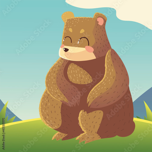 cute bear cartoon animal sitting in the meadow