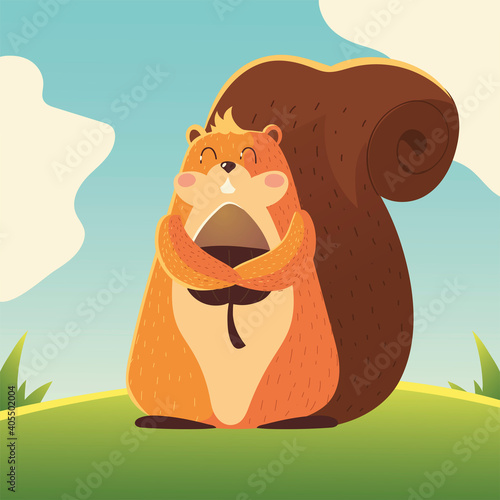 cute squirrel with acorn cartoon animal landscape