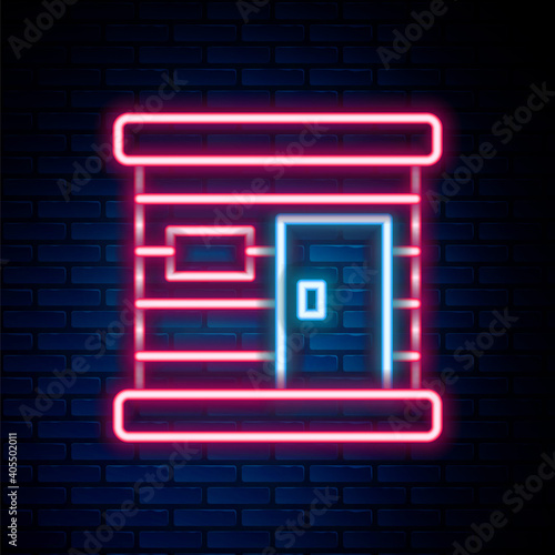Glowing neon line Sauna wooden bathhouse icon isolated on brick wall background. Heat spa relaxation therapy bath and hot steam healthcare, relax therapy. Colorful outline concept. Vector.