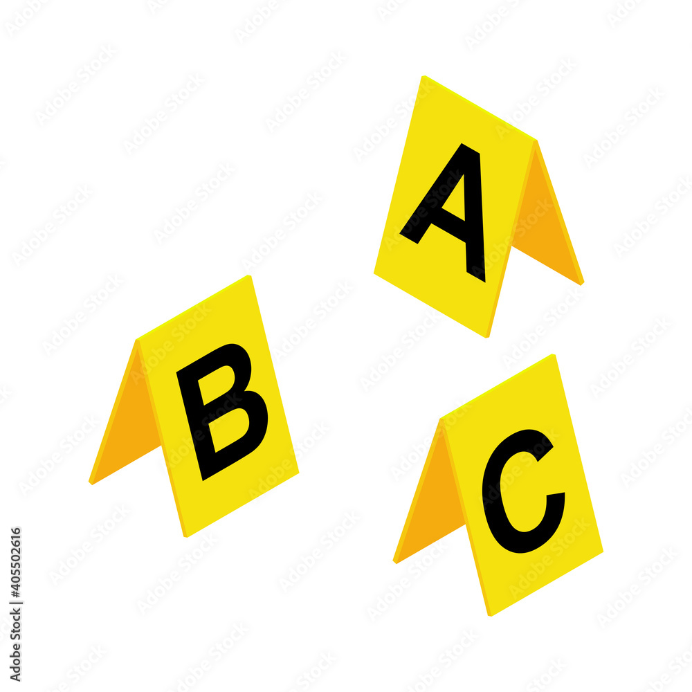 Crime scene markers symbol. Plastic yellow investigation label design set  with letter A, B, C. Criminalistic vector illustration isolated on white  background. Stock-Vektorgrafik | Adobe Stock