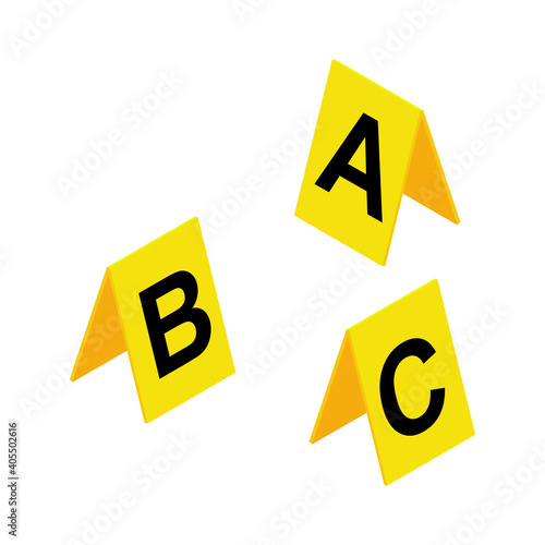 Crime scene markers symbol. Plastic yellow  investigation label design set with letter A, B, C. Criminalistic vector illustration isolated on white background.