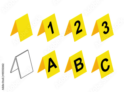 Crime scene markers design. Plastic yellow  investigation label icon set with letter A, B, C and number 1,2,3. Contains also empty or blank symbol. Vector illustration isolated on white background.