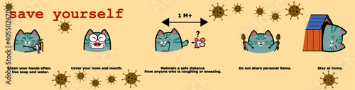 A cat  is coming to teach protection from Covid-19 ,work from home,stay home,social distancing.new normal,Cartoon image set,protect against viruses.
