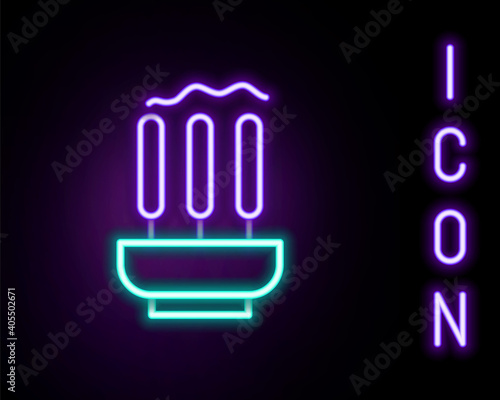 Glowing neon line Burning aromatic incense sticks icon isolated on black background. Colorful outline concept. Vector.