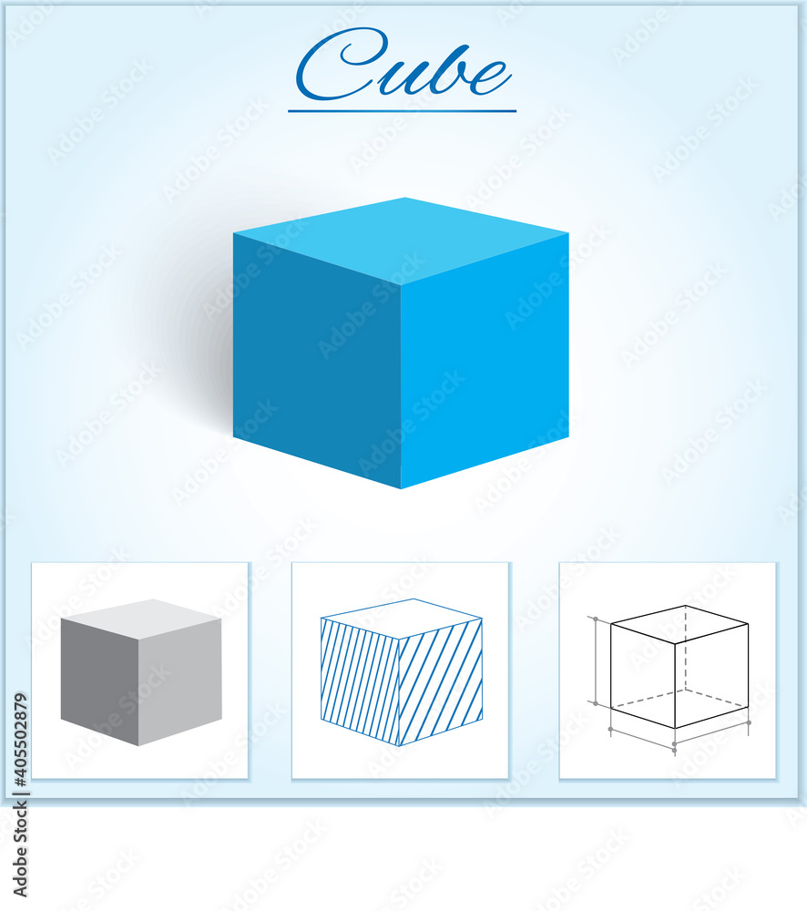 Cube. Image of volumetric geometrical figure with examples of such objects form Cube. Image of volumetric geometrical figure with examples of such objects form