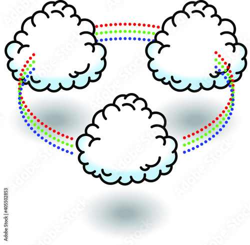 Cloud computing concept showing inter-cloud communications and synchronization. For scalability and redundancy.