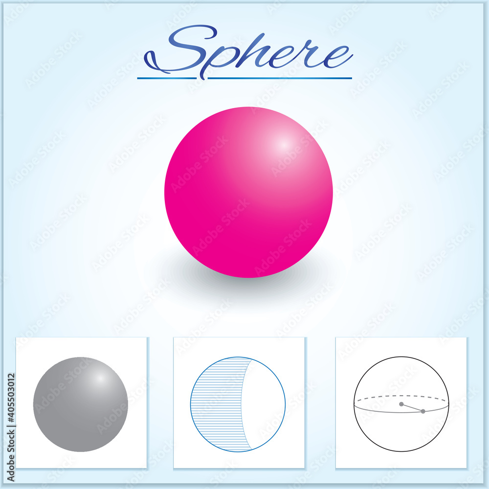 Sphere. Image of volumetric geometrical figure with examples of such objects form. Vector illustration