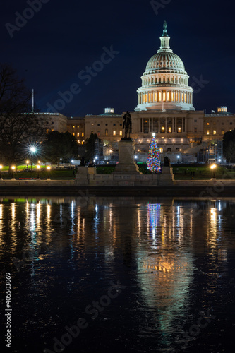 US Capitol and Capitol Christmas Tree with Icy Reflection