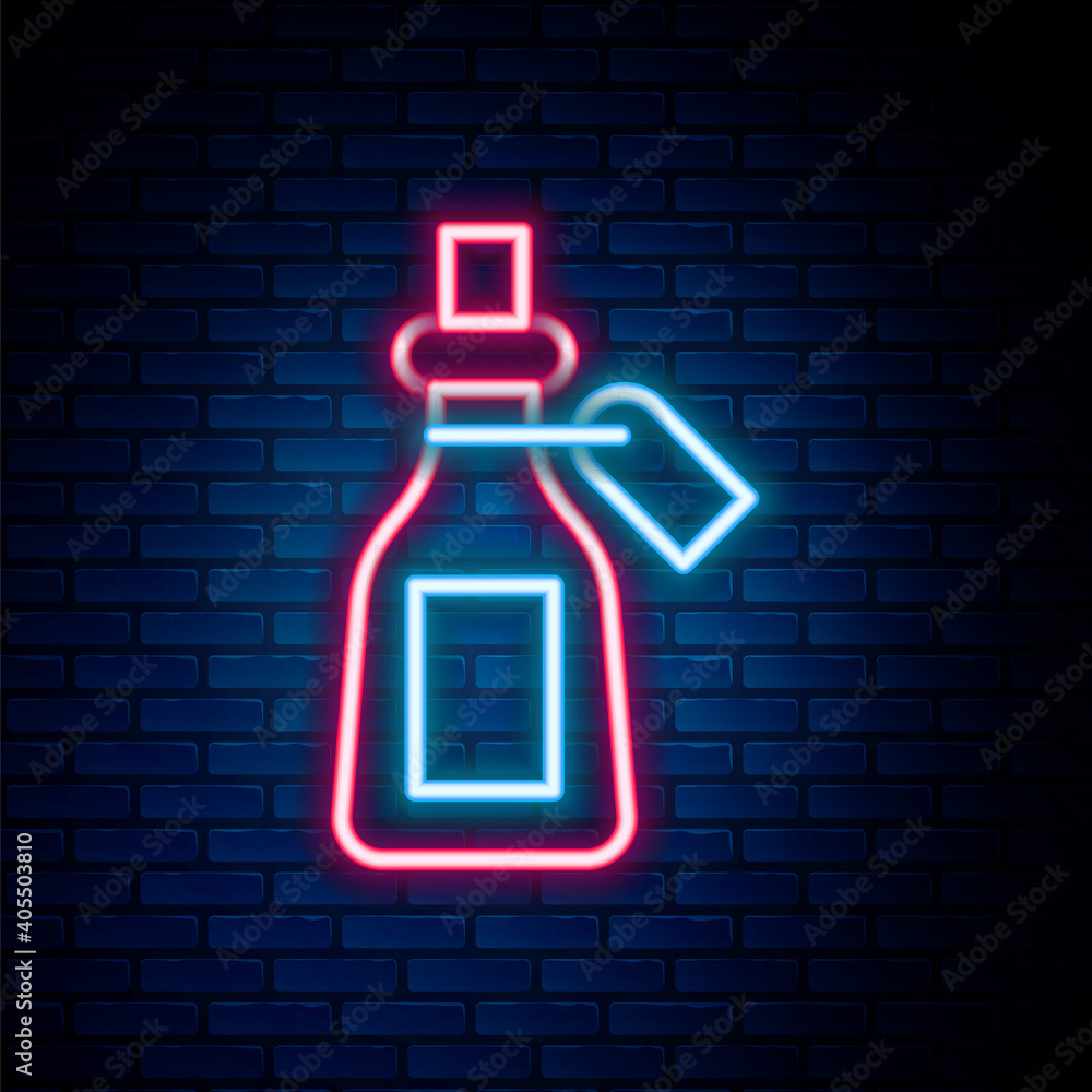 Glowing neon line Essential oil bottle icon isolated on brick wall background. Organic aromatherapy essence. Skin care serum glass drop package. Colorful outline concept. Vector. Glowing neon line Essential oil bottle icon isolated on brick wall background. Organic aromatherapy essence. Skin care serum glass drop package. Colorful outline concept. Vector.